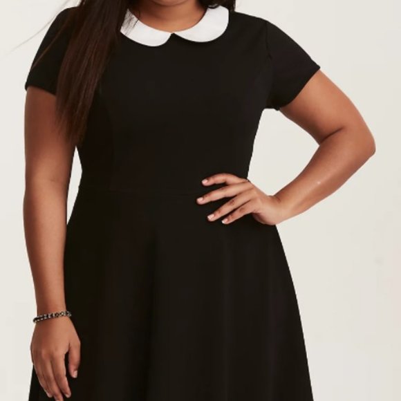 TORRID BLACK SKATER DRESS WITH WHITE COLLAR, NWT, WEDNESDAY ADAMS VIBES - Picture 2 of 5